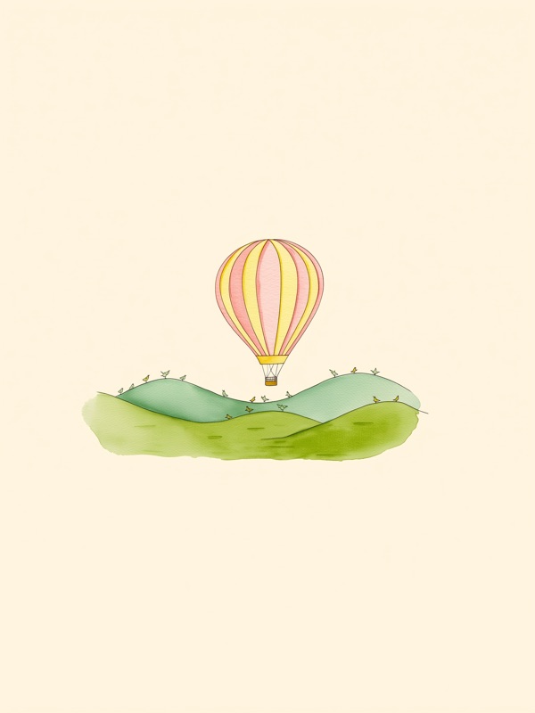 Pastel hot air balloon over rolling hills, kids wall art