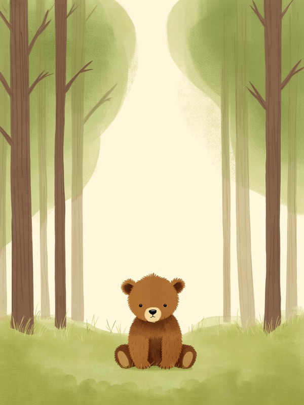 Watercolor brown bear cub in a forest clearing, kids wall art