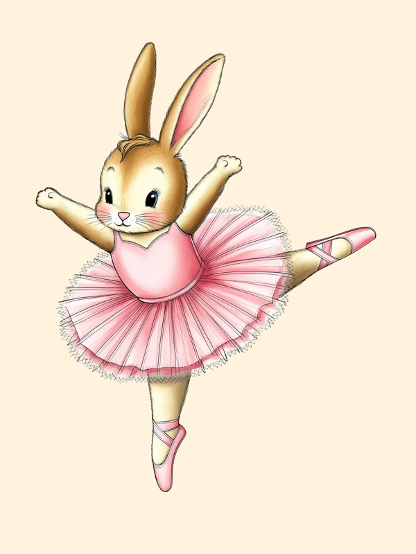 Storybook ballerina bunny in a pink tutu, kids wall art