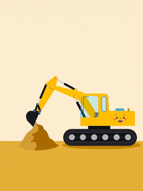 Yellow construction digger scooping soil, kids wall art
