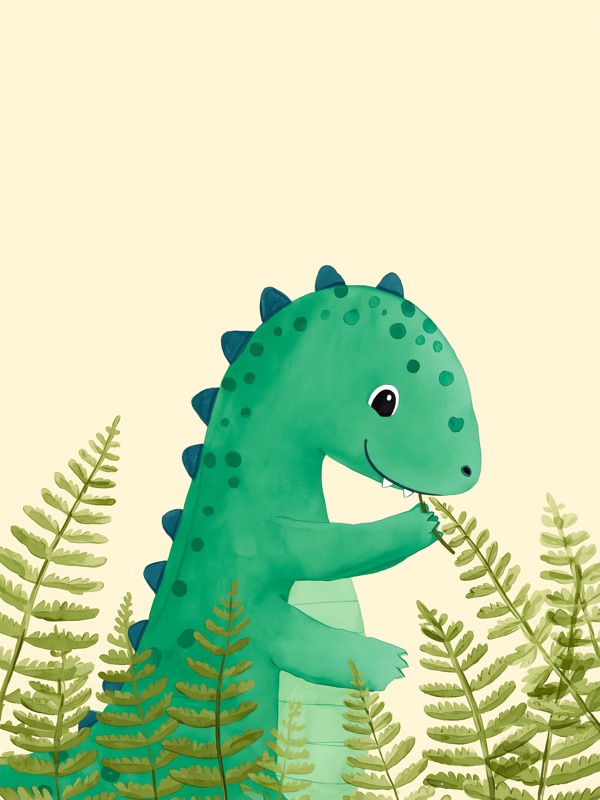 Watercolor baby brontosaurus with ferns, kids wall art