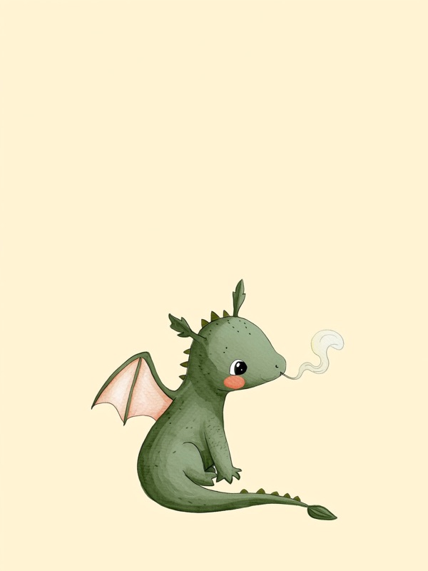 Friendly baby dragon puffing a smoke ring, kids wall art