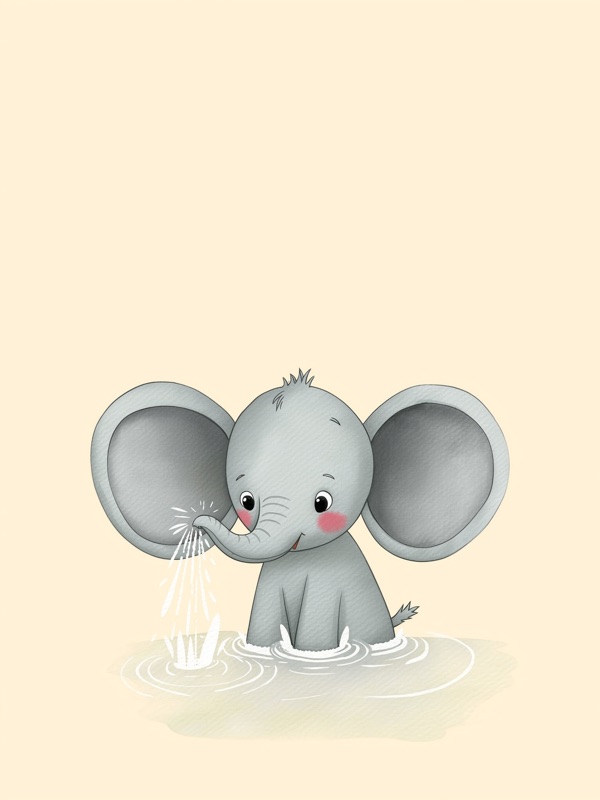 Watercolor baby elephant spraying water, kids wall art