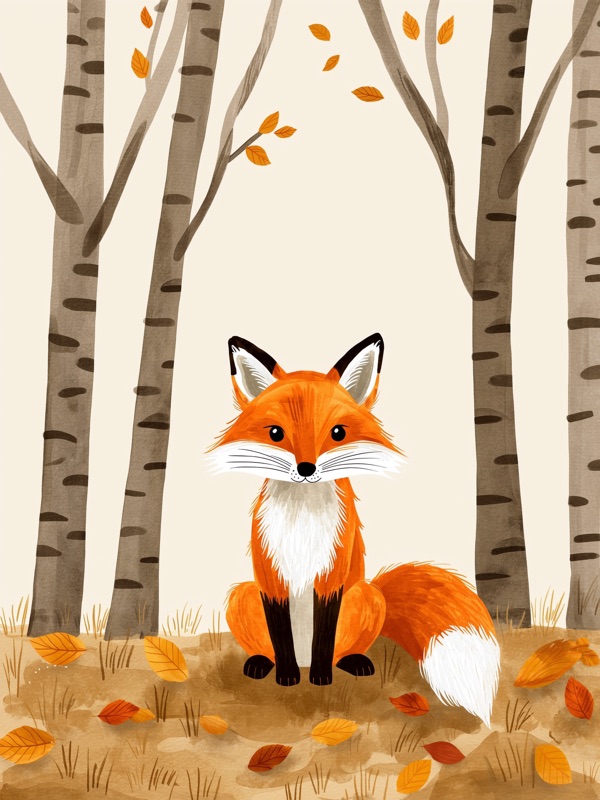 Watercolor fox in an autumn birch forest, kids wall art