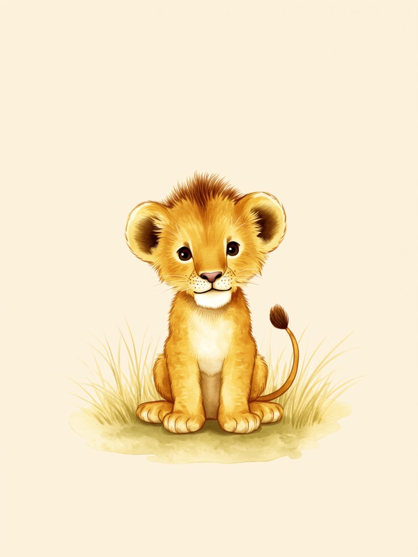 Watercolor lion cub in savanna grass, kids wall art