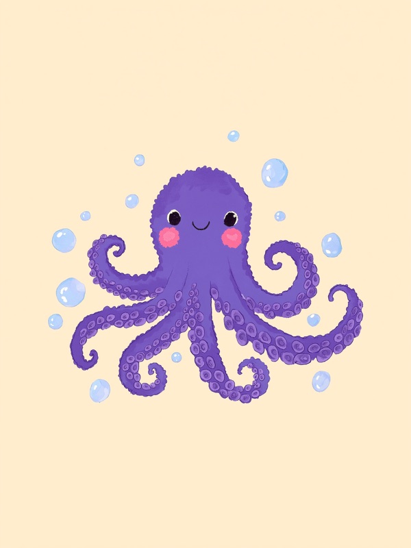 Cheerful purple octopus among bubbles, kids wall art