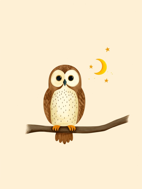 Watercolor owl on a branch under the moon, kids wall art