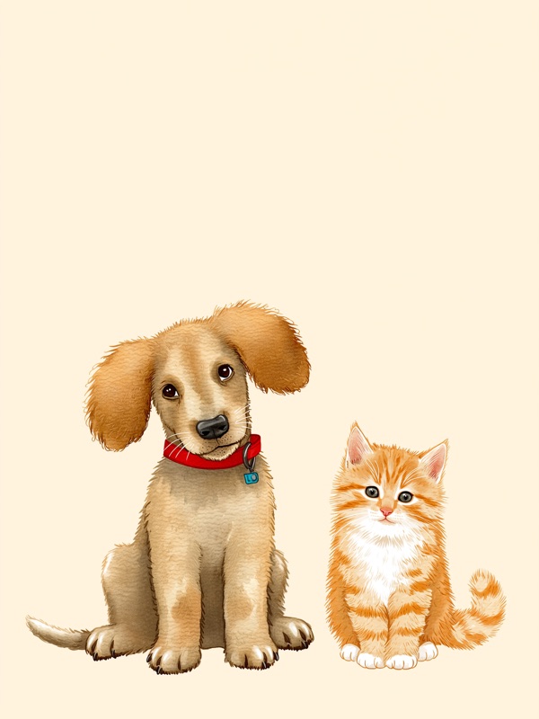 Watercolor pet portrait of a puppy and kitten