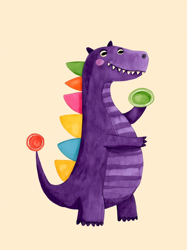 Watercolor purple stegosaurus with colorful plates, kids wall art