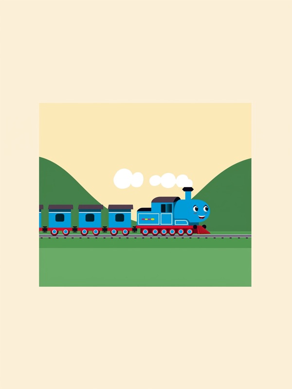 Blue steam train puffing past rolling hills, kids wall art