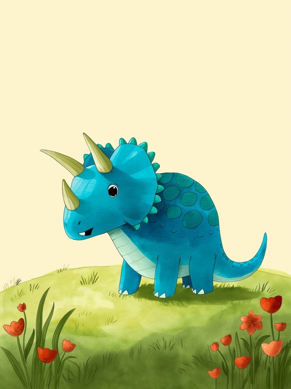 Watercolor blue triceratops in a prehistoric meadow, kids wall art