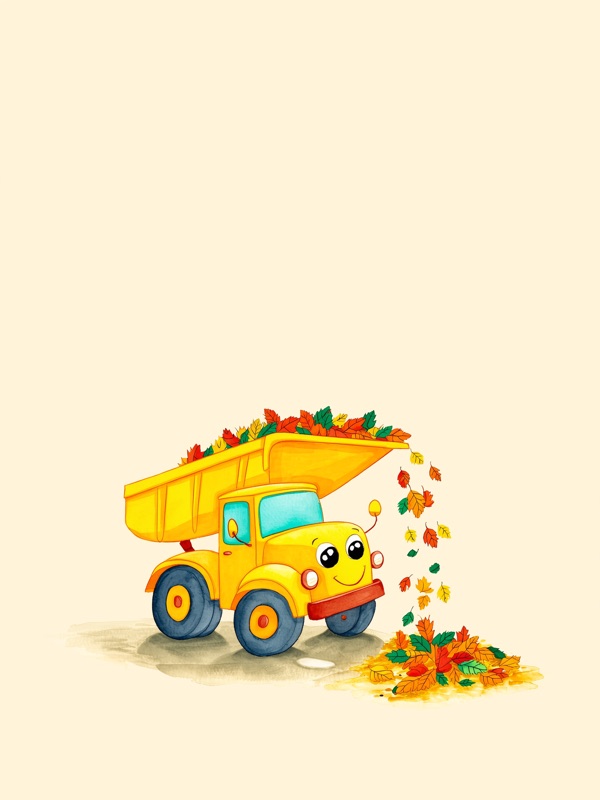 Cheerful yellow dump truck carrying autumn leaves, kids wall art