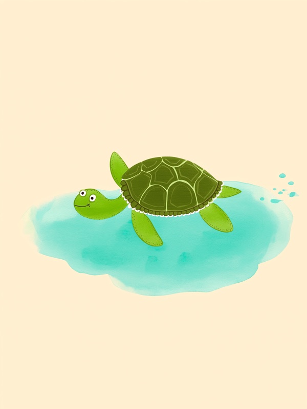 Smiling green sea turtle gliding through water, kids wall art